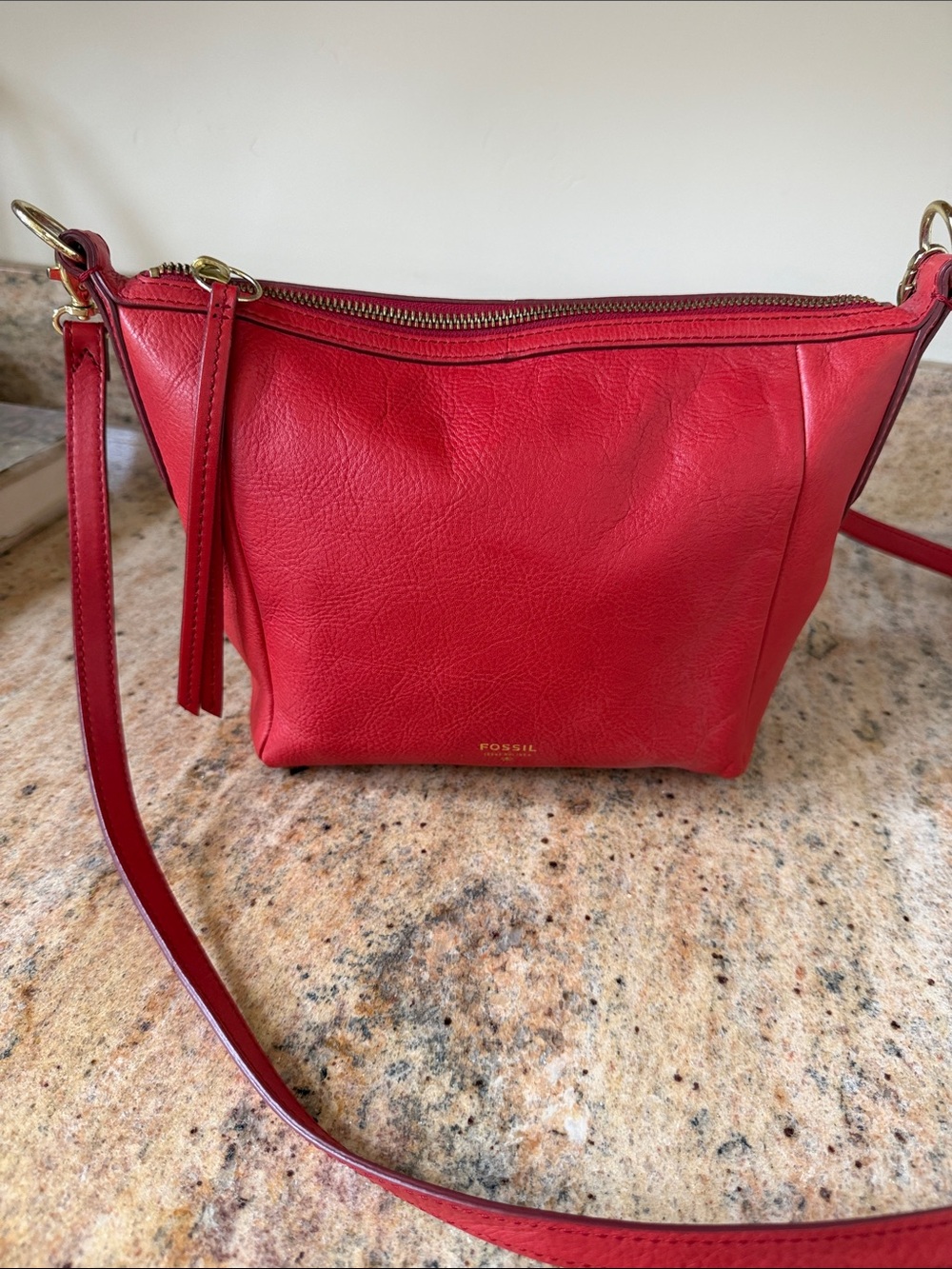 Fossil Red Pebbled Leather Slim Crossbody